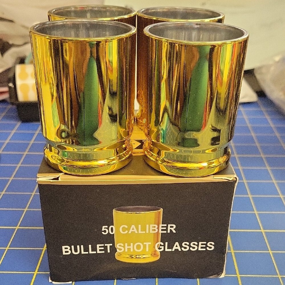 50 Caliber Bullet Shot Gold Plastic Glasses Set of 4 - 3oz Glasses BRAND NEW
